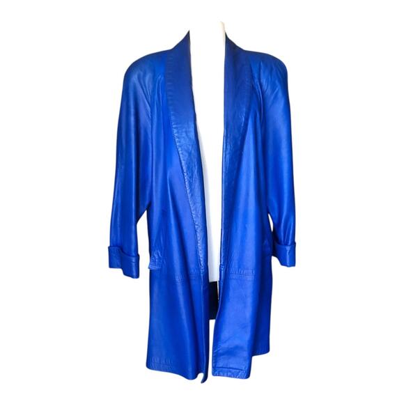 Vintage Vakko Royal Blue Leather Open Front Blazer Jacket Women's Size Medium - Picture 1 of 14